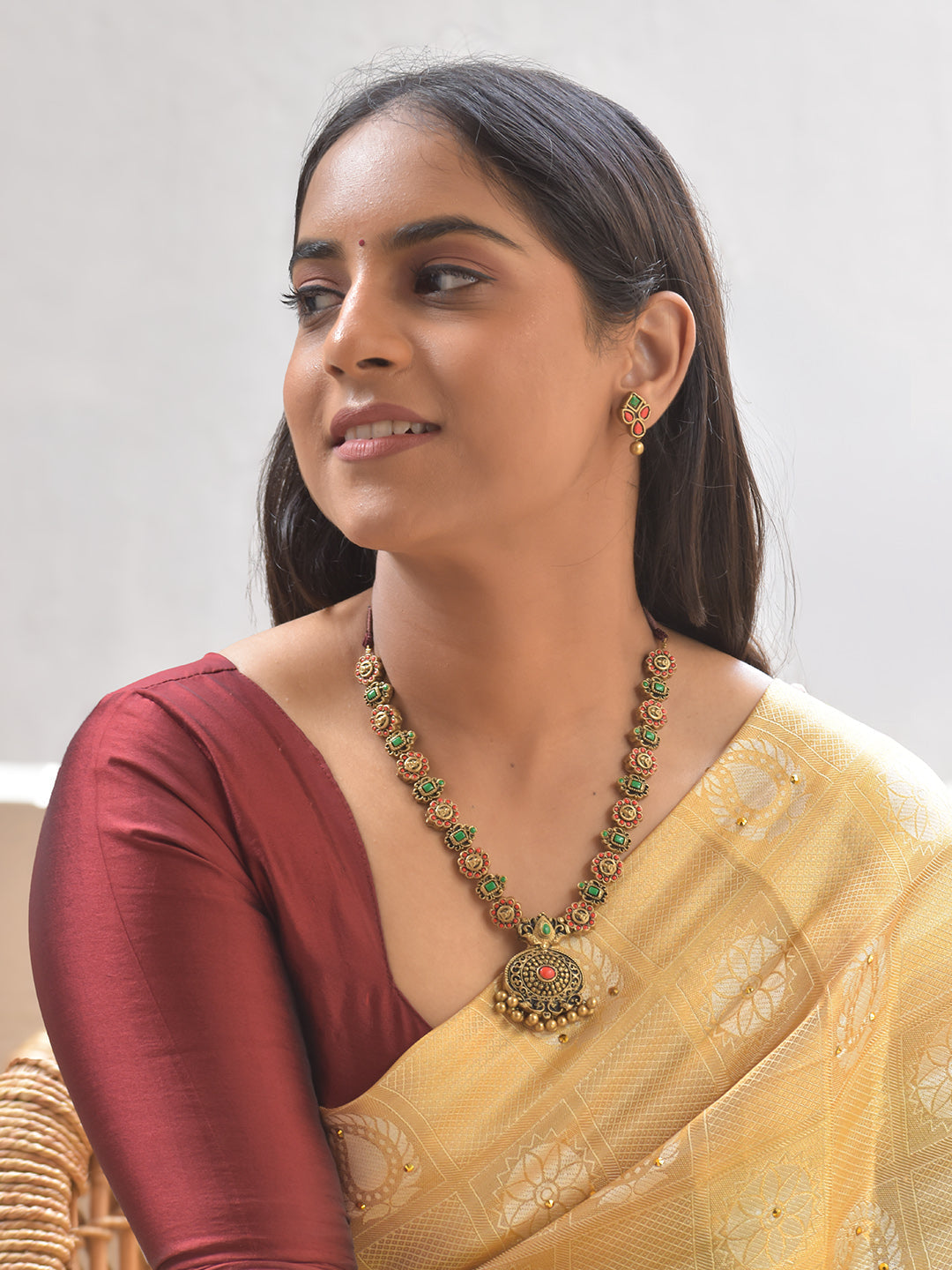 Pushpa Mandira — Terracotta Floral Temple Necklace Set With Studs