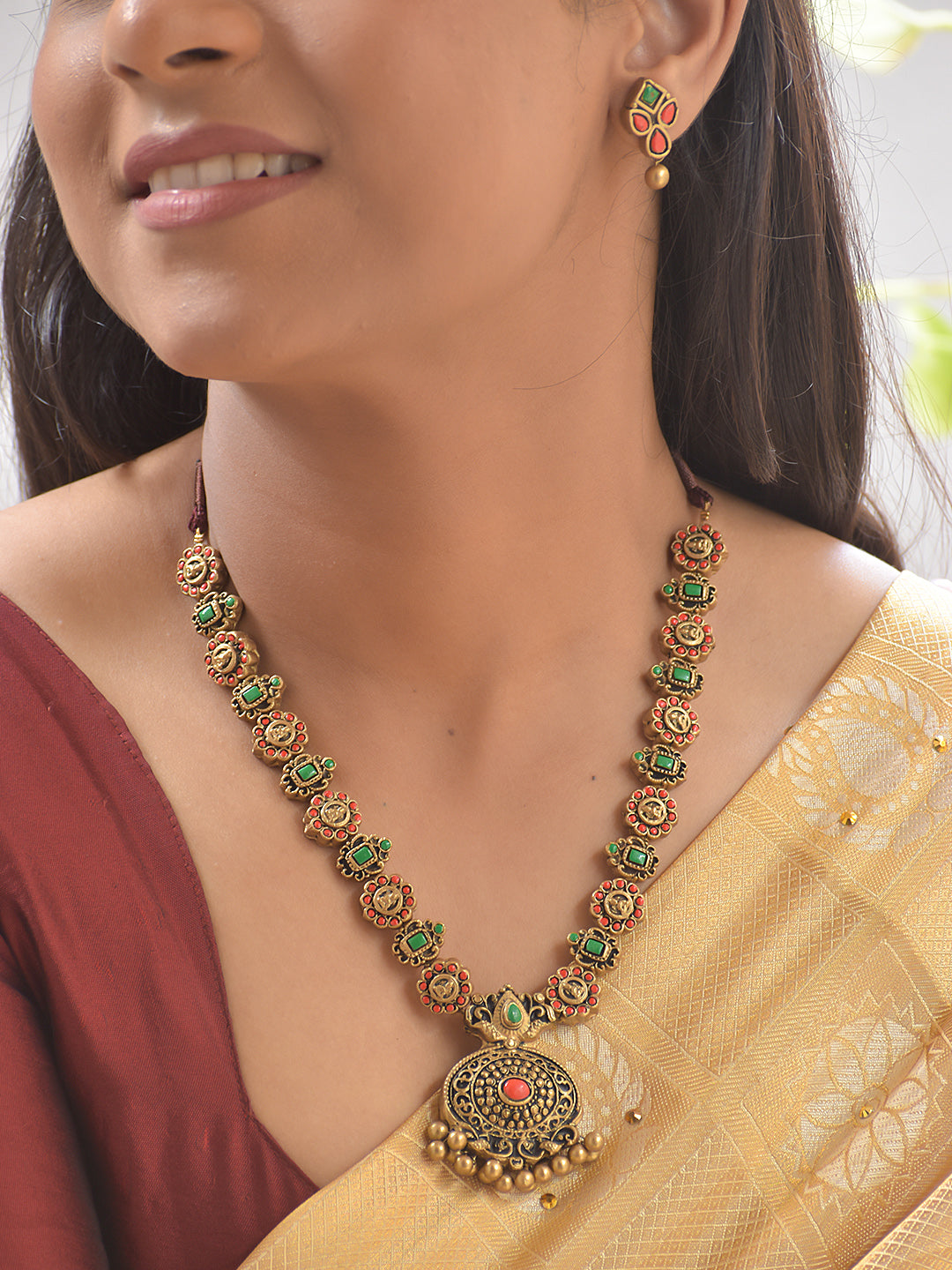 Pushpa Mandira — Terracotta Floral Temple Necklace Set With Studs
