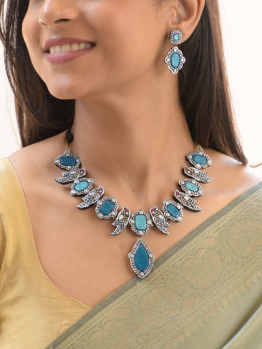 Silver & Turquoise Bird Motif Necklace Set