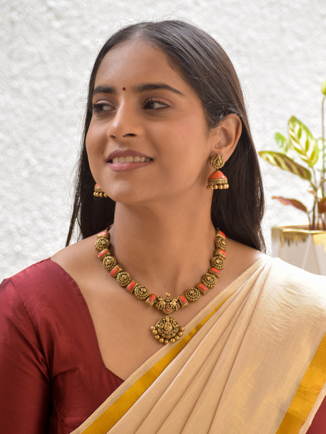 Terracotta Lakshmi Pendant Antique Temple Necklace Set with Pink Orange Highlights