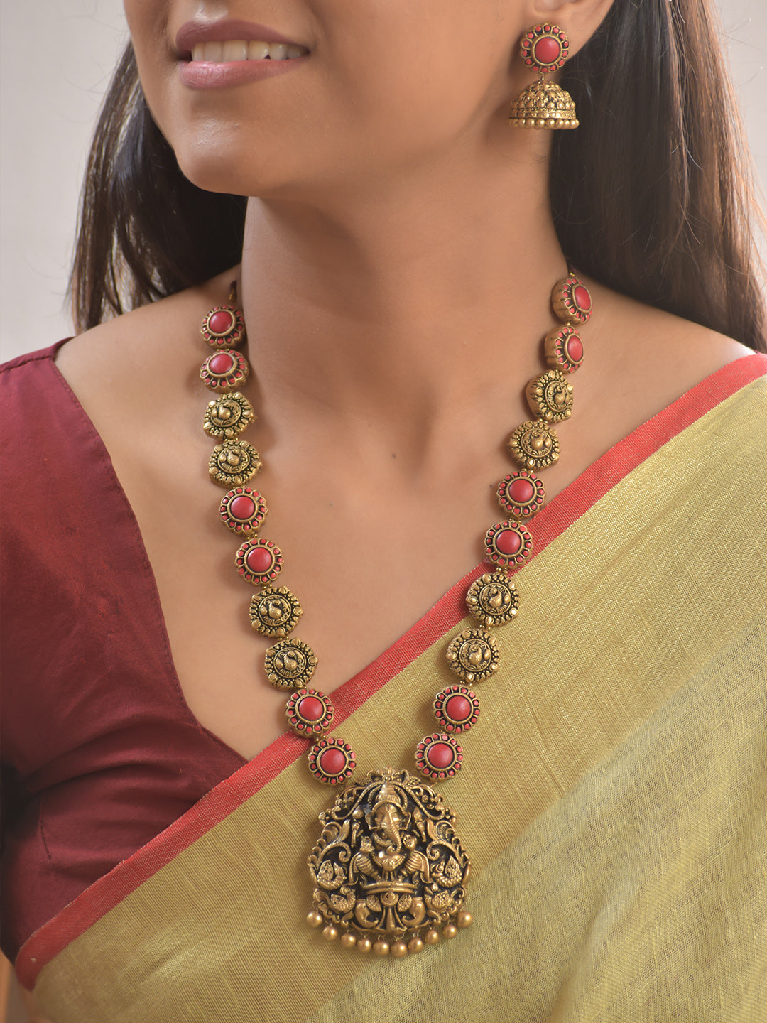 Ganesha-Vigraha Mangala — Lord Ganesha Terracotta Temple Necklace Set With Jhumkas