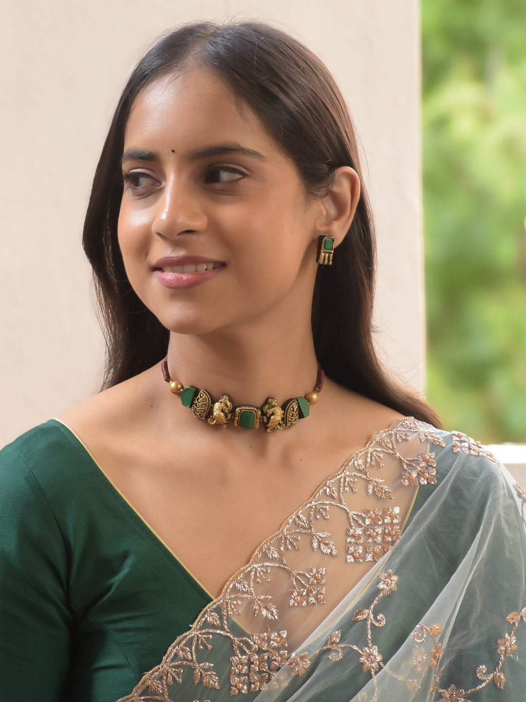 Emerald Green & Antique Gold Temple Choker Necklace Set