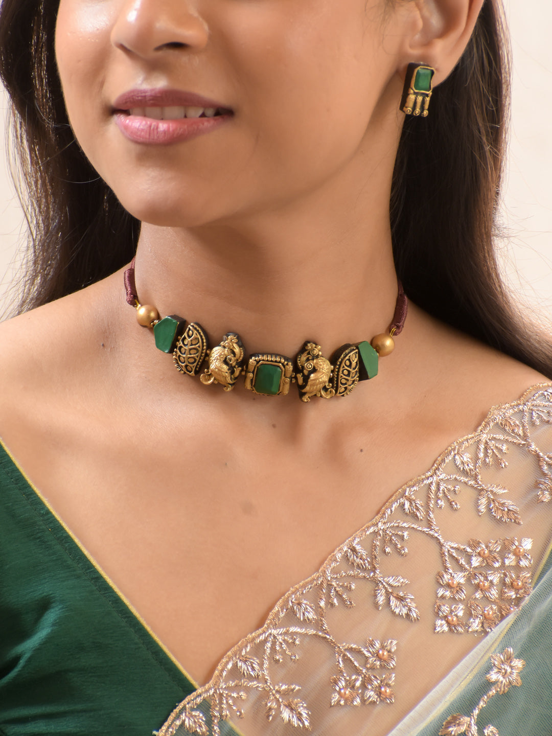 Emerald Green & Antique Gold Temple Choker Necklace Set