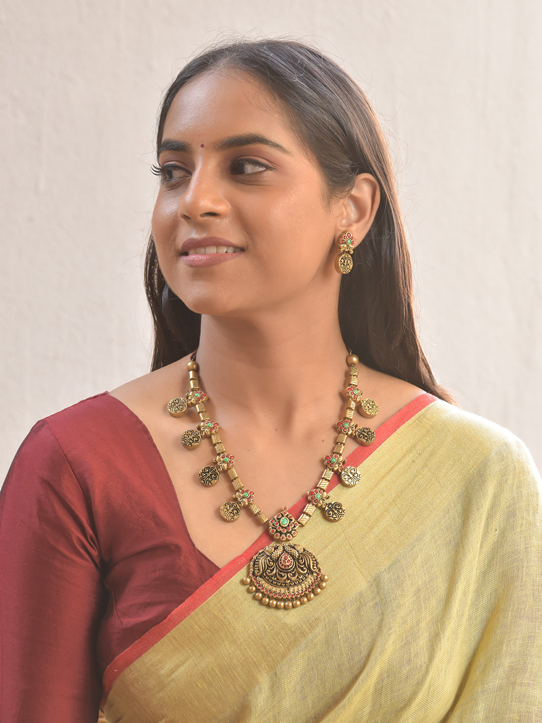 Pratibha Mayura Mandira — Terracotta Peacock Temple Charm Necklace Set With Studs