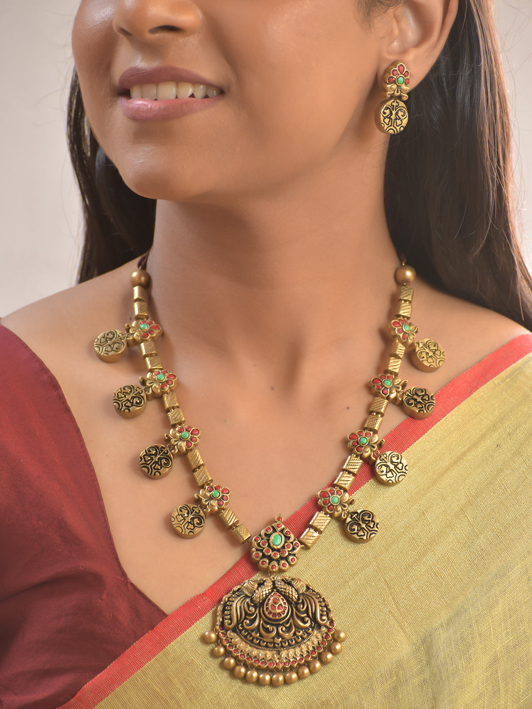 Pratibha Mayura Mandira — Terracotta Peacock Temple Charm Necklace Set With Studs