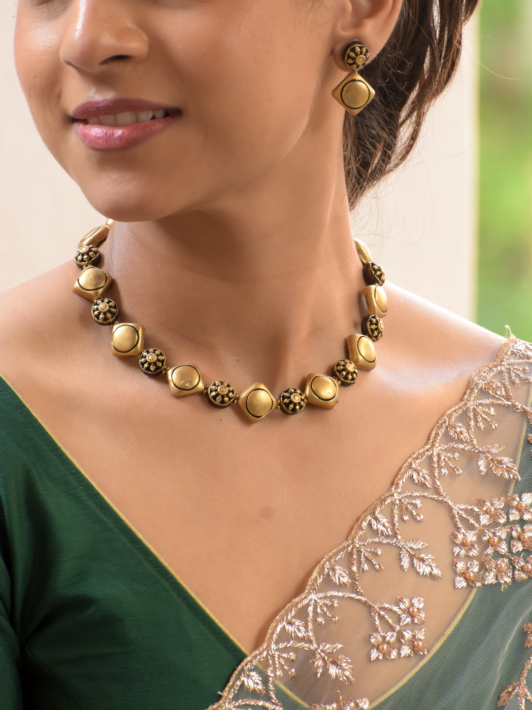 Antique Gold Geometric Bead Choker Necklace Set