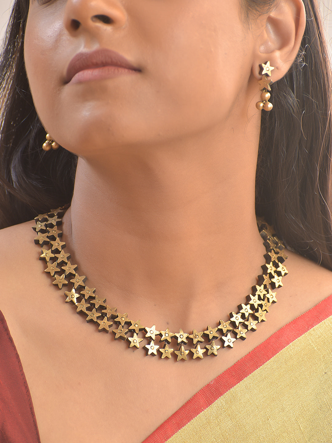 Nakshatra Pataka Mala — Starlit Terracotta Cascade Necklace Set With Studs