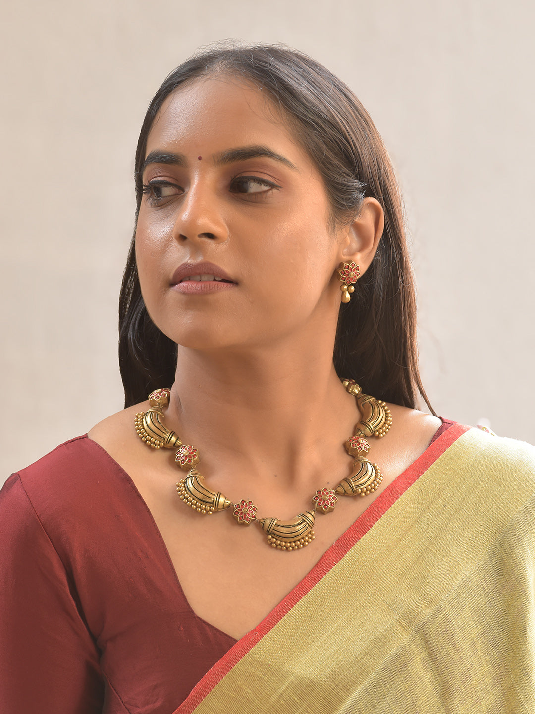 Chandra Pushpa — Terracotta Crescent Bloom Necklace Set With Studs