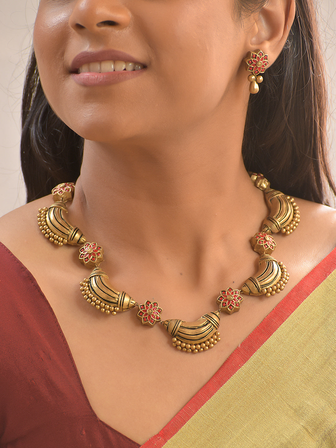 Chandra Pushpa — Terracotta Crescent Bloom Necklace Set With Studs