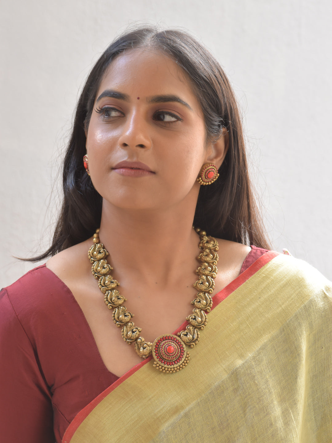 Aarunya Mayura Rekha — Terracotta Peacock Motif Necklace Set With Studs