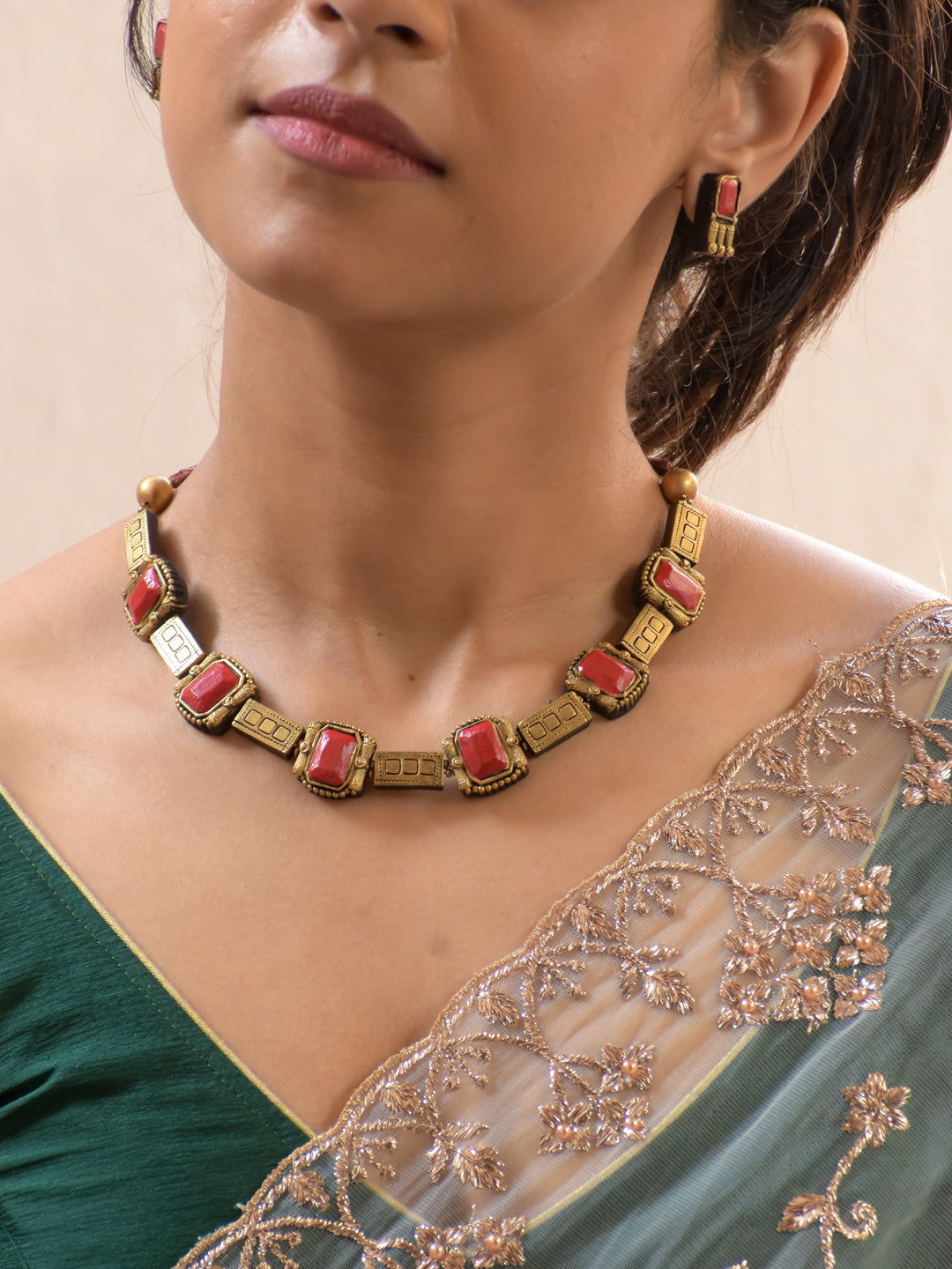 Antique Gold & Coral Red Geometric Choker Necklace Set