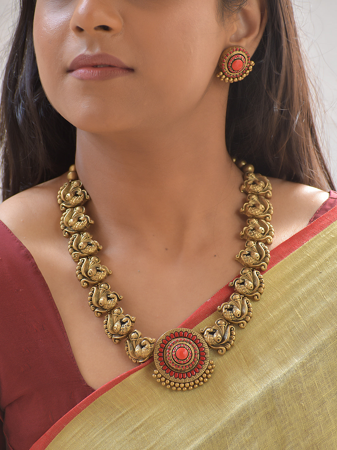 Aarunya Mayura Rekha — Terracotta Peacock Motif Necklace Set With Studs