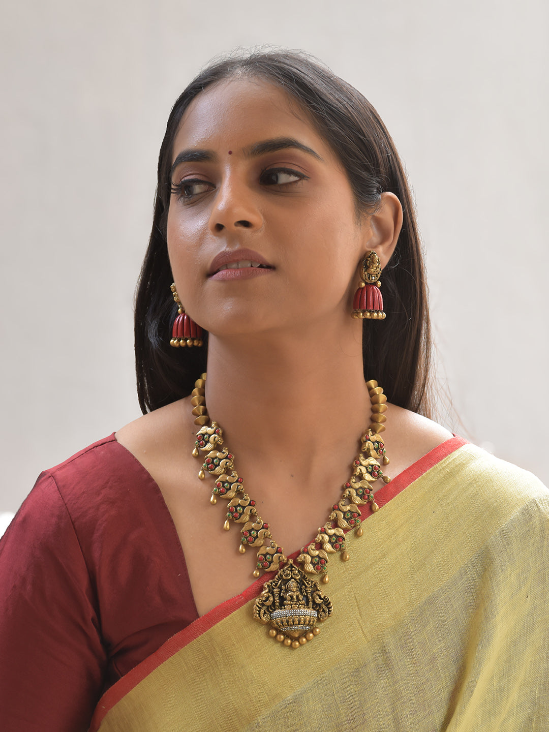 Divya Shuka Lakshmi — Parrot Lakshmi Terracotta Necklace Set With Jhumkas