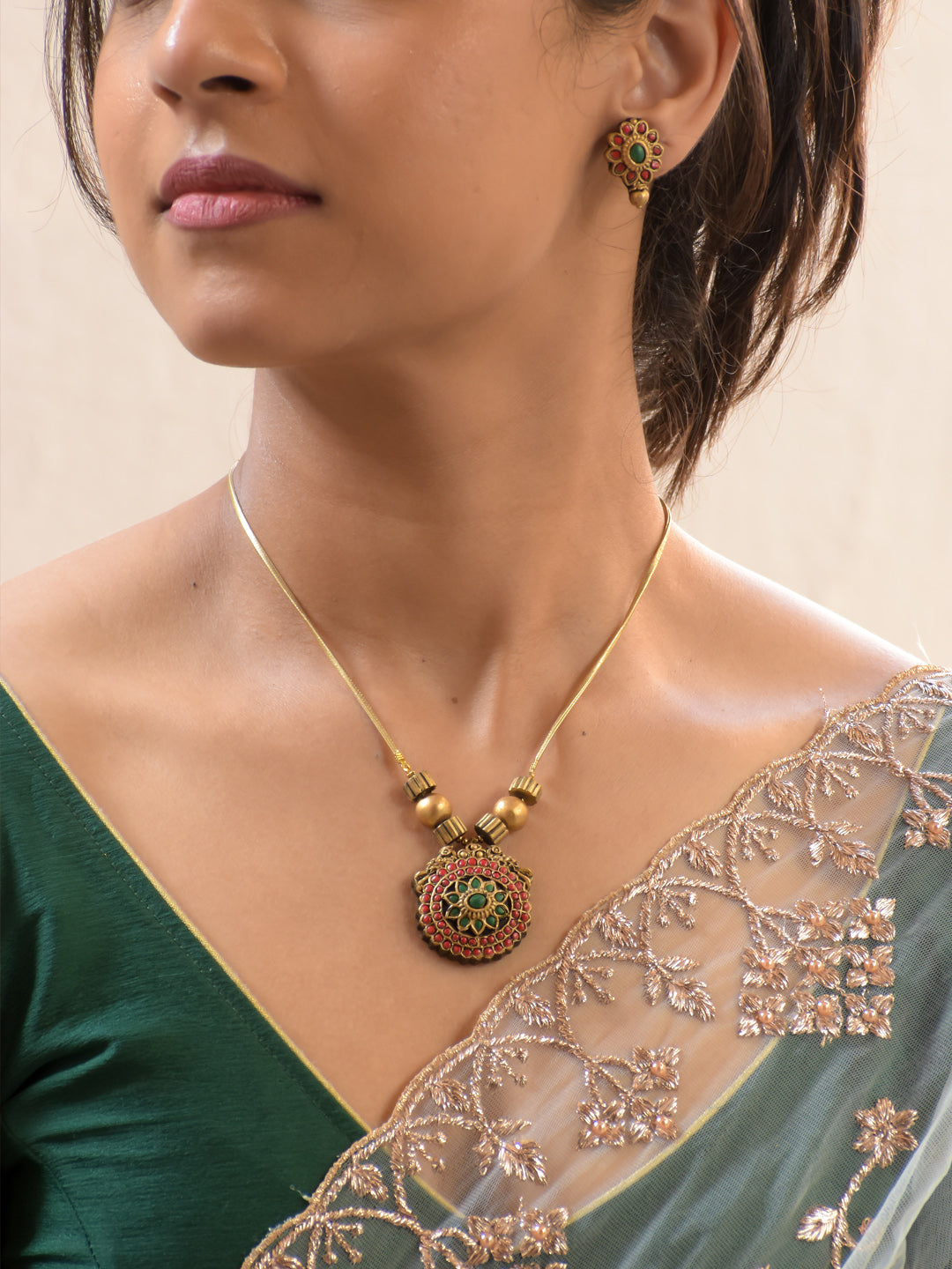 Antique Gold Green & Ruby Floral Pendant Necklace Set