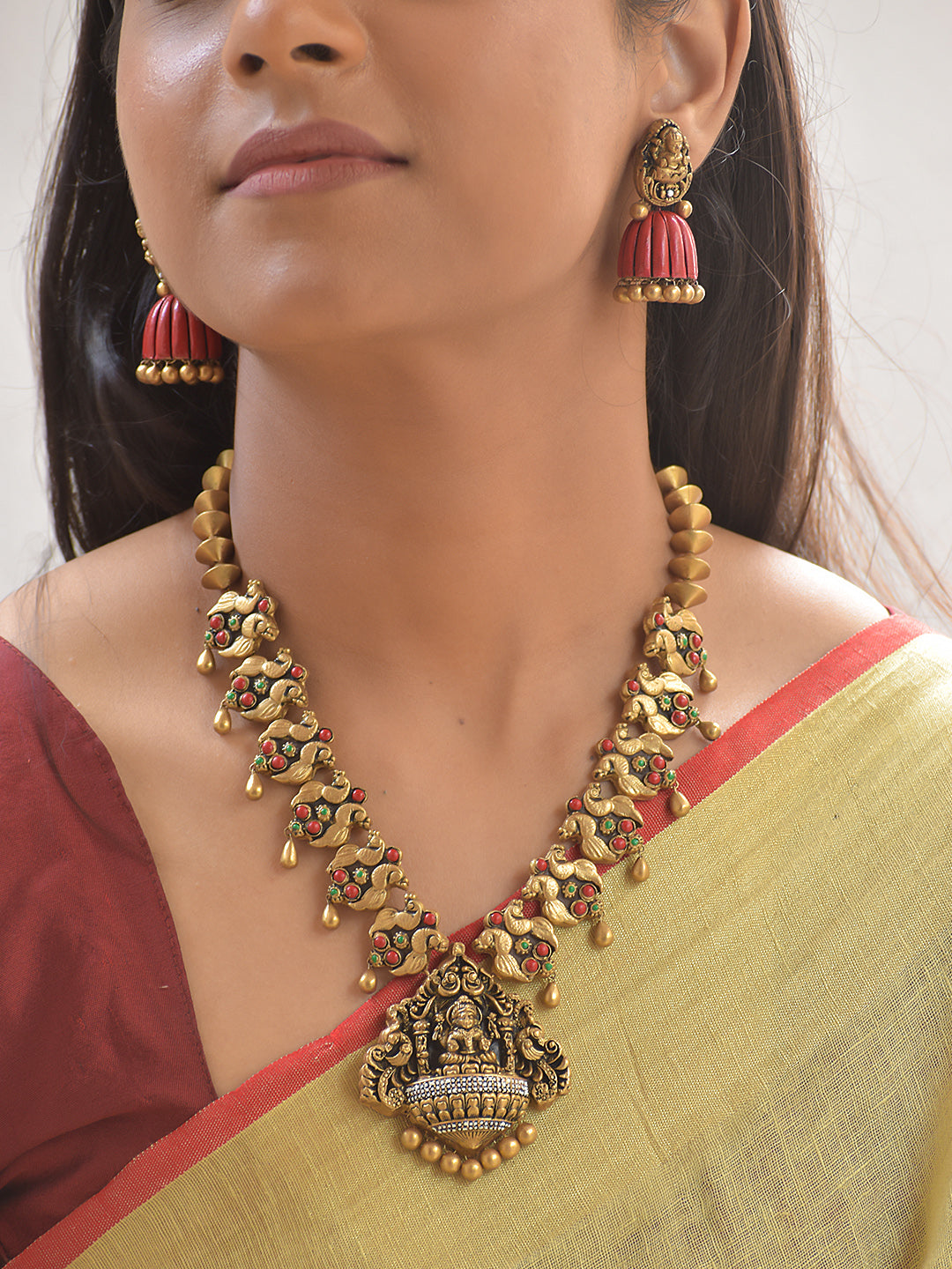 Divya Shuka Lakshmi — Parrot Lakshmi Terracotta Necklace Set With Jhumkas