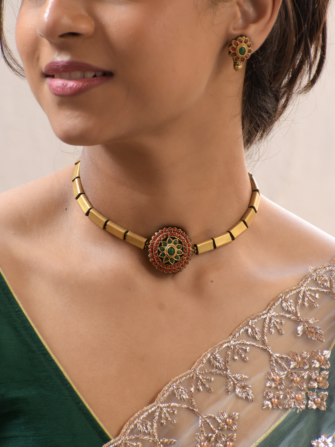 Ruby Green Antique Gold Floral Choker Necklace Set