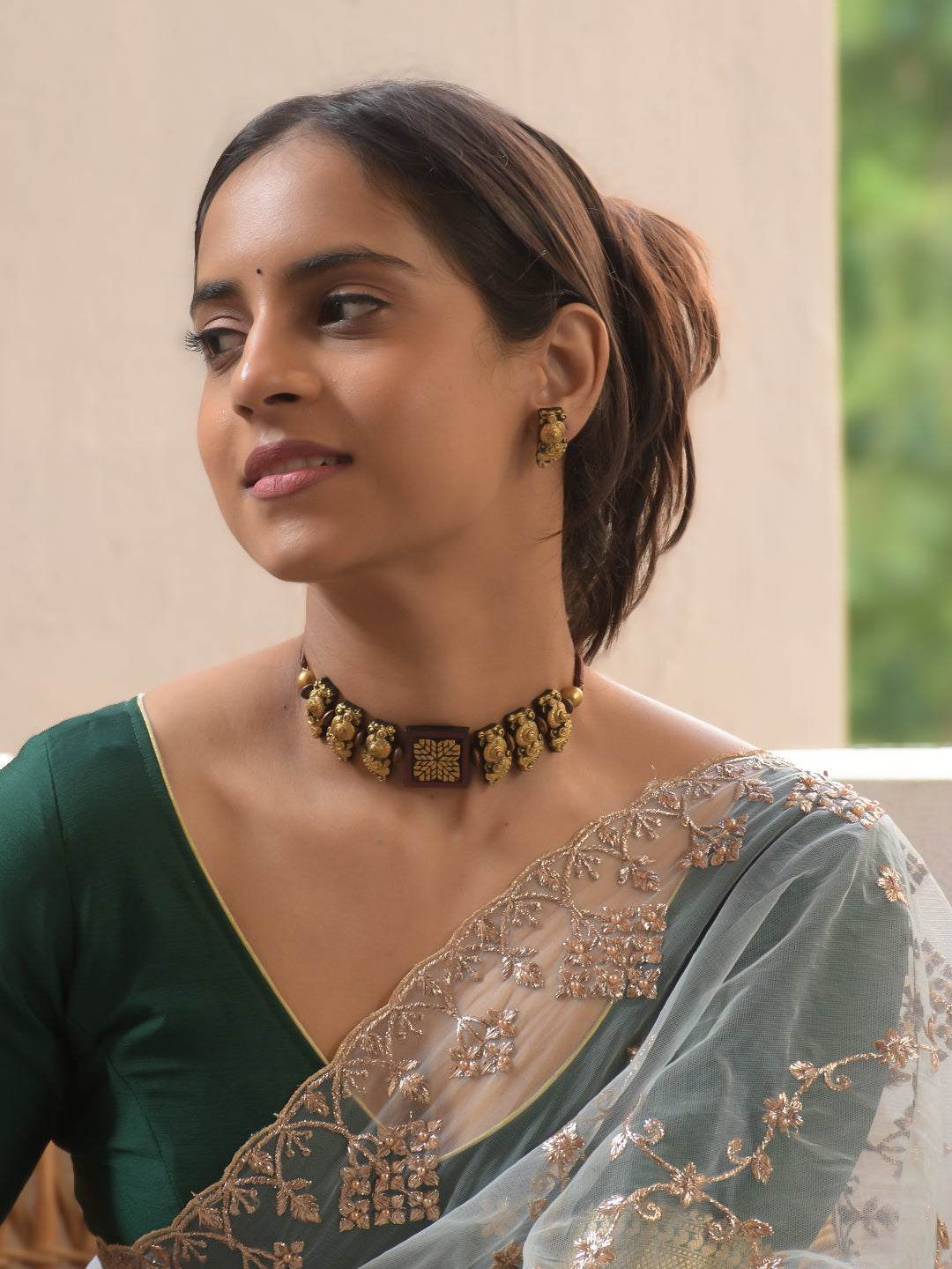 Antique Gold Peacock Motif Temple Choker Necklace Set
