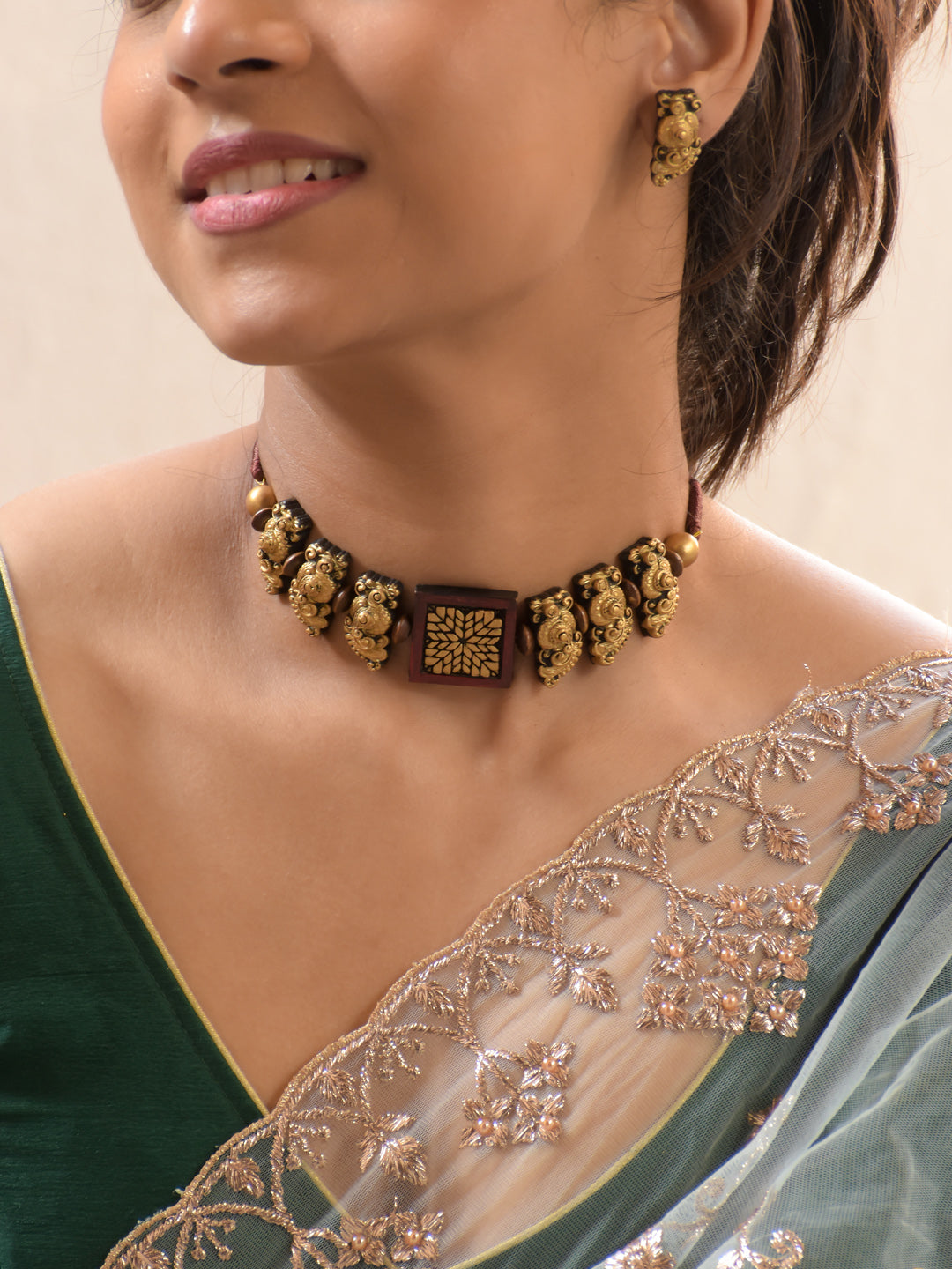 Antique Gold Peacock Motif Temple Choker Necklace Set