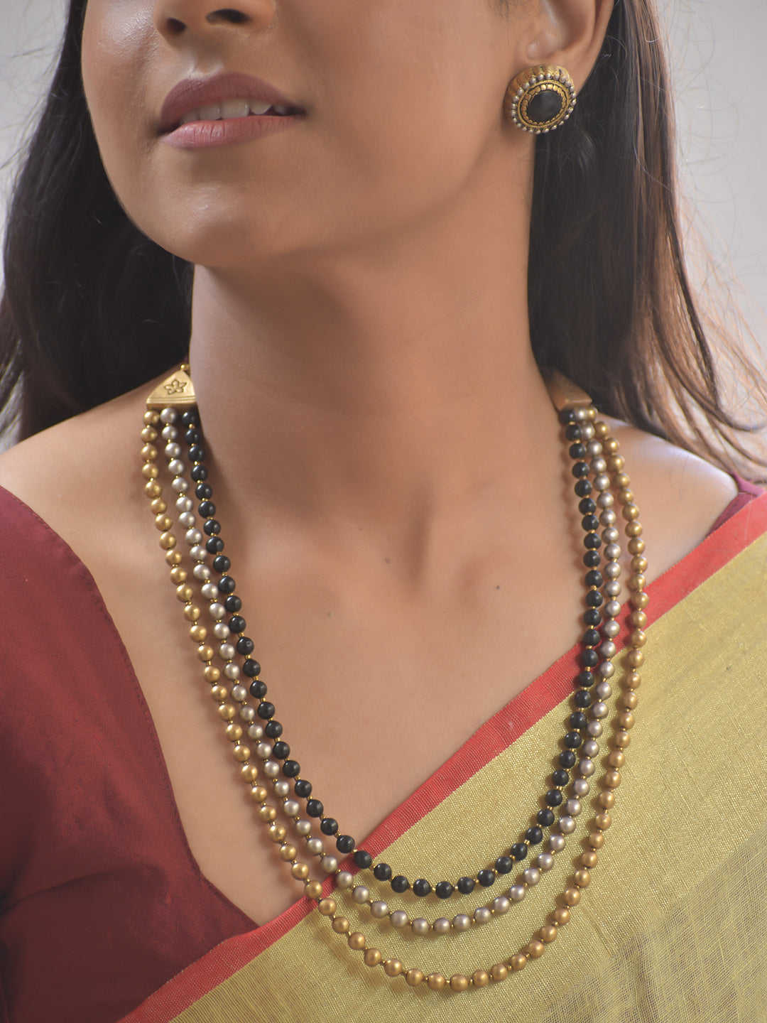Bahu-Mala Rani — Terracotta Regal Multi-Strand Bead Necklace Set With Studs