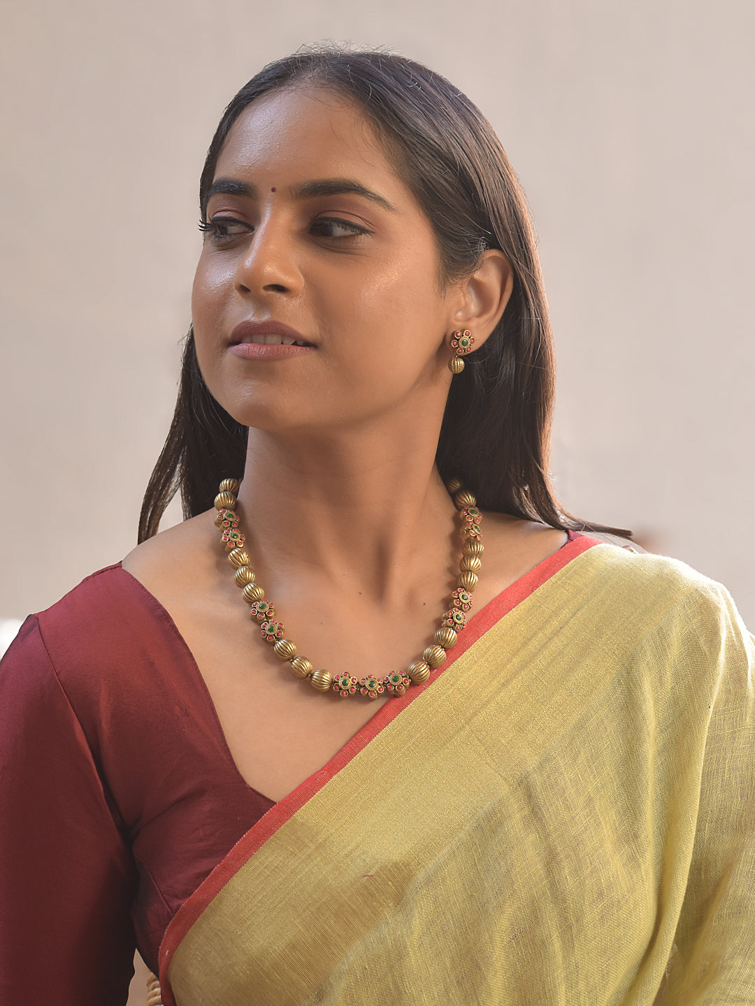 Pushpa-Mala Kusuma — Terracotta Blossom Bead Necklace Set With Floral Studs