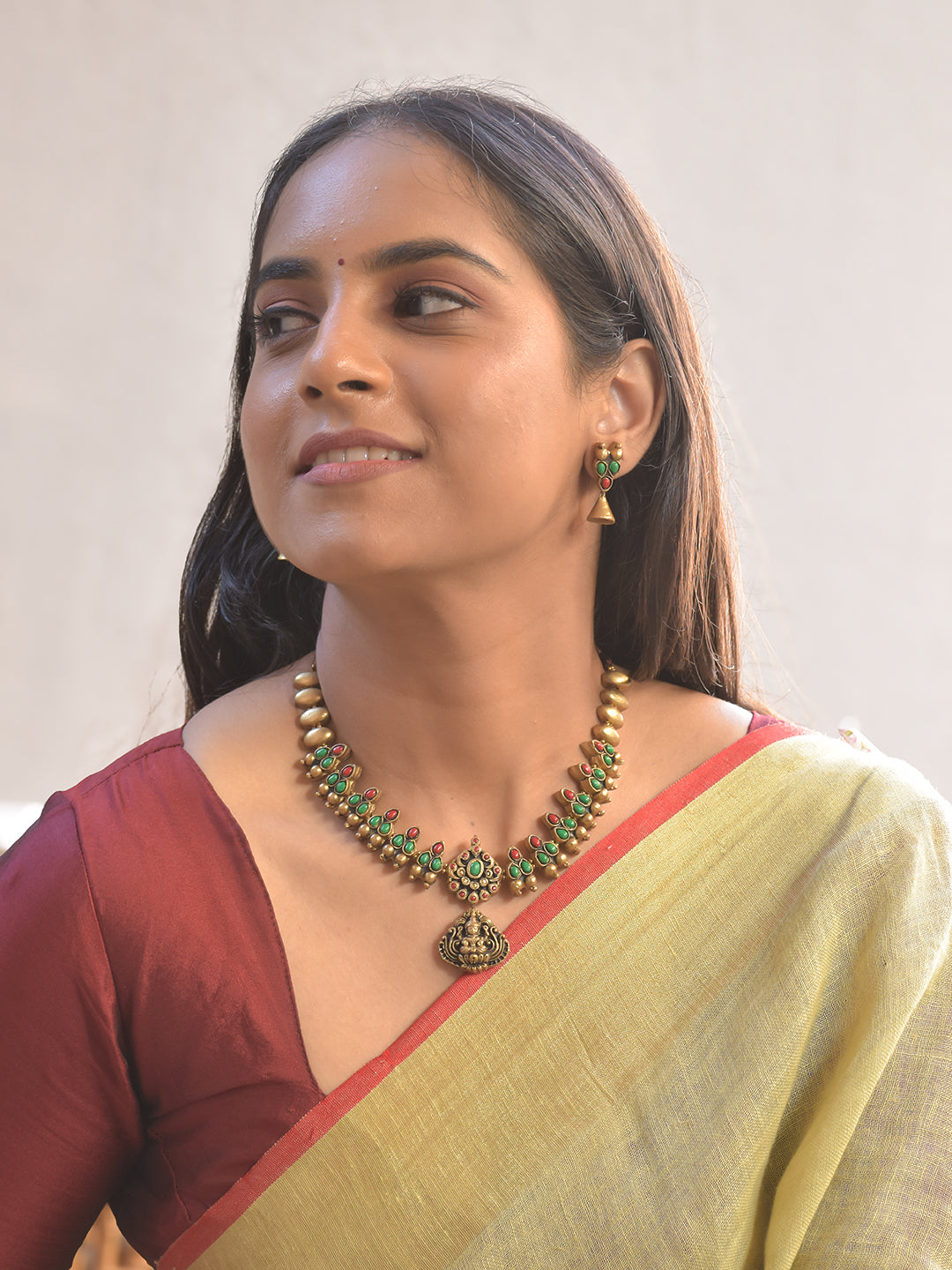 Lakshmi-Pushpa Vigraha — Lakshmi Pendant Terracotta Temple Necklace Set With Jhumkas