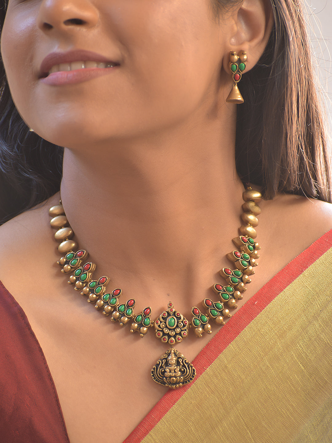 Lakshmi-Pushpa Vigraha — Lakshmi Pendant Terracotta Temple Necklace Set With Jhumkas