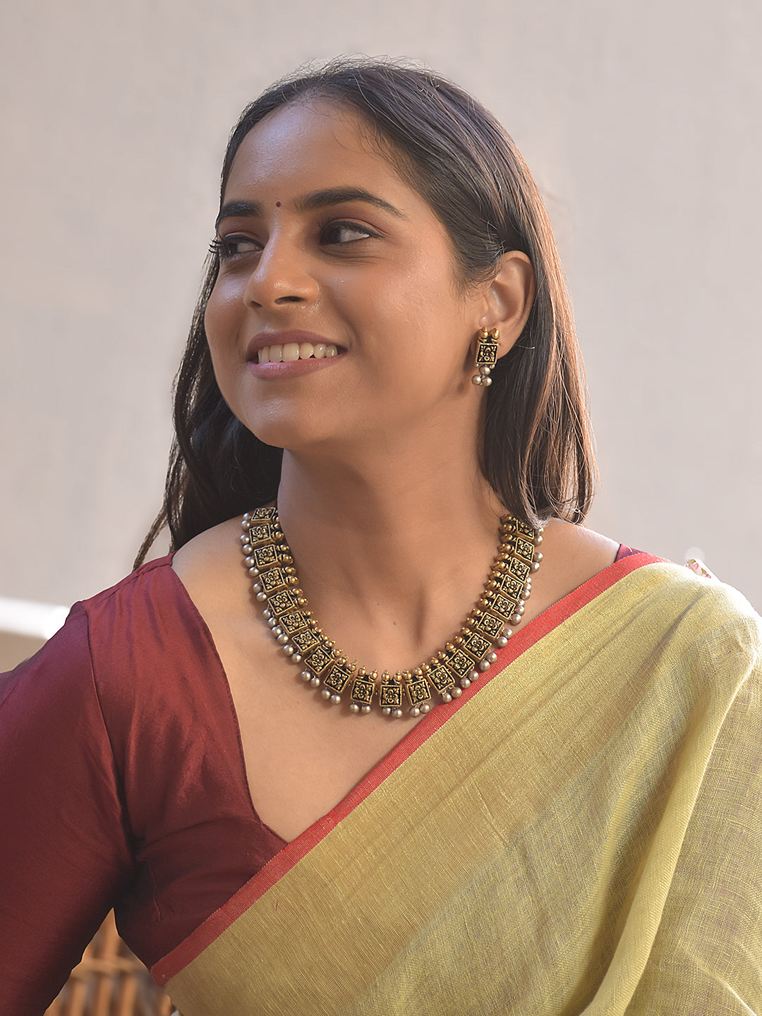 Moti-Khanda Rani — Regal Block Terracotta Pearl Necklace Set With Studs