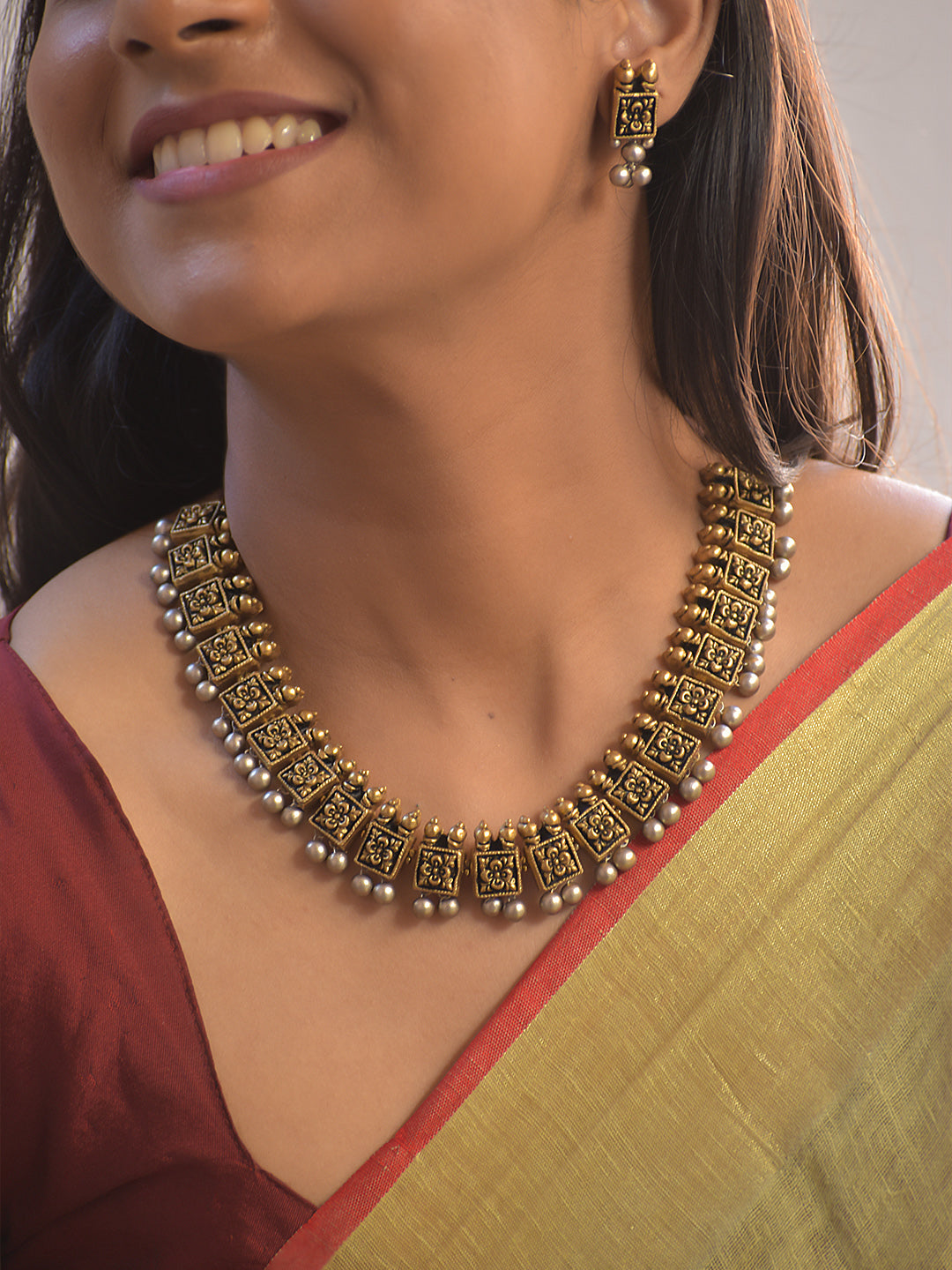 Moti-Khanda Rani — Regal Block Terracotta Pearl Necklace Set With Studs