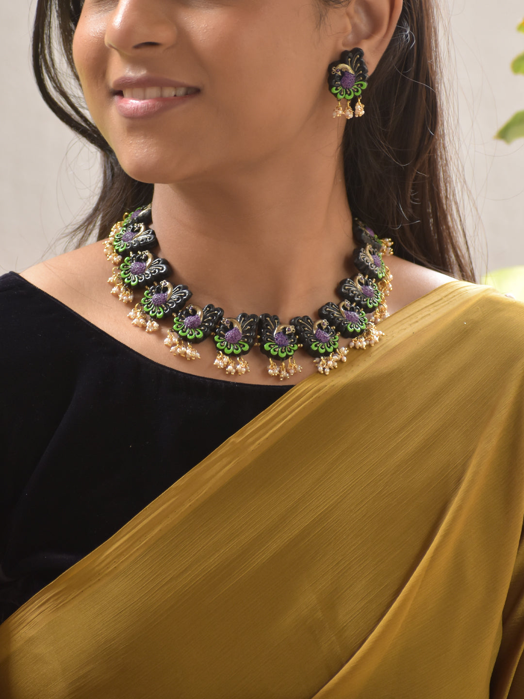 Regal Terracotta Peacock Necklace Set with Earrings