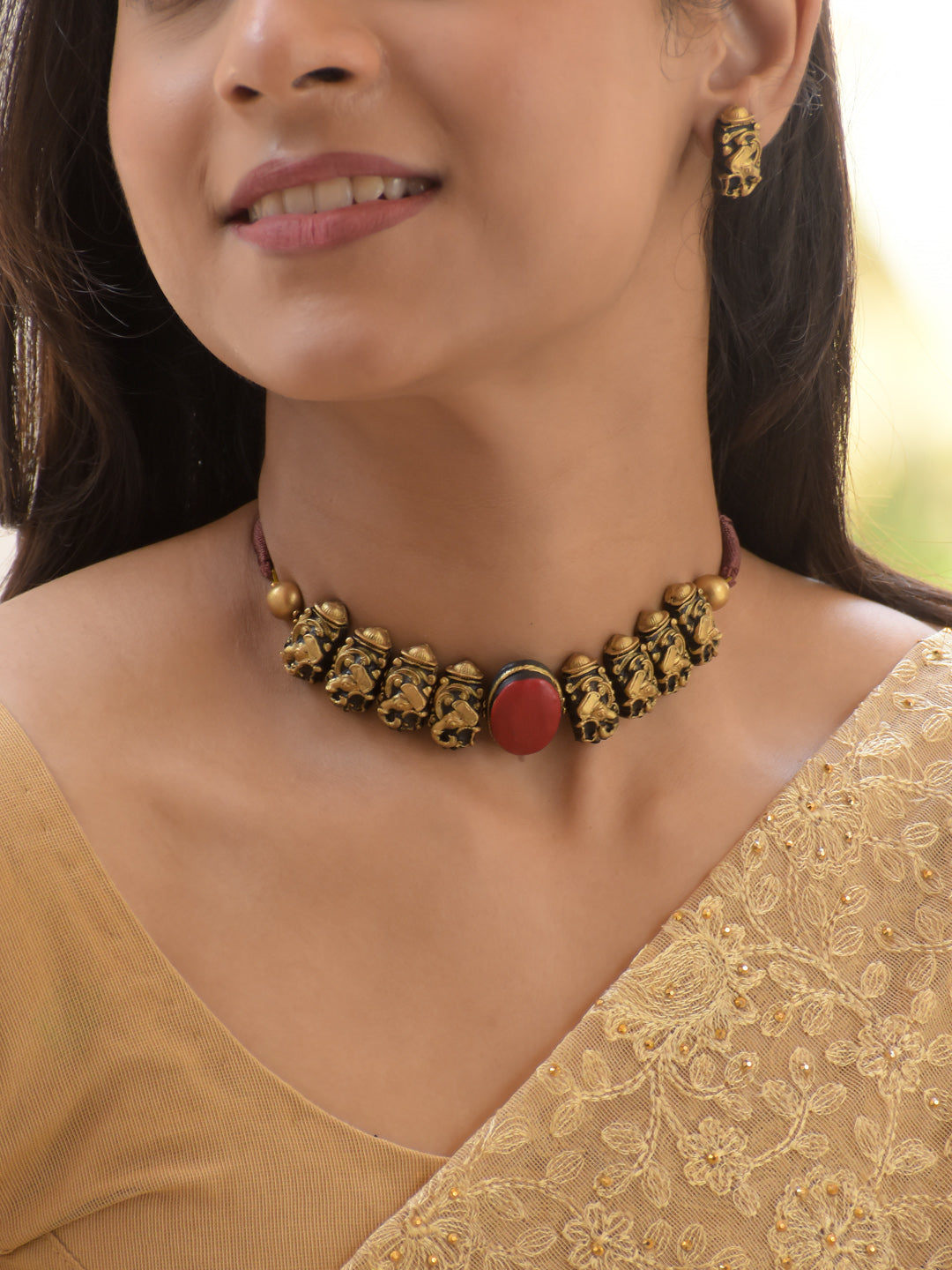 Antique Gold Ganesha Ruby Stone Choker Necklace Set