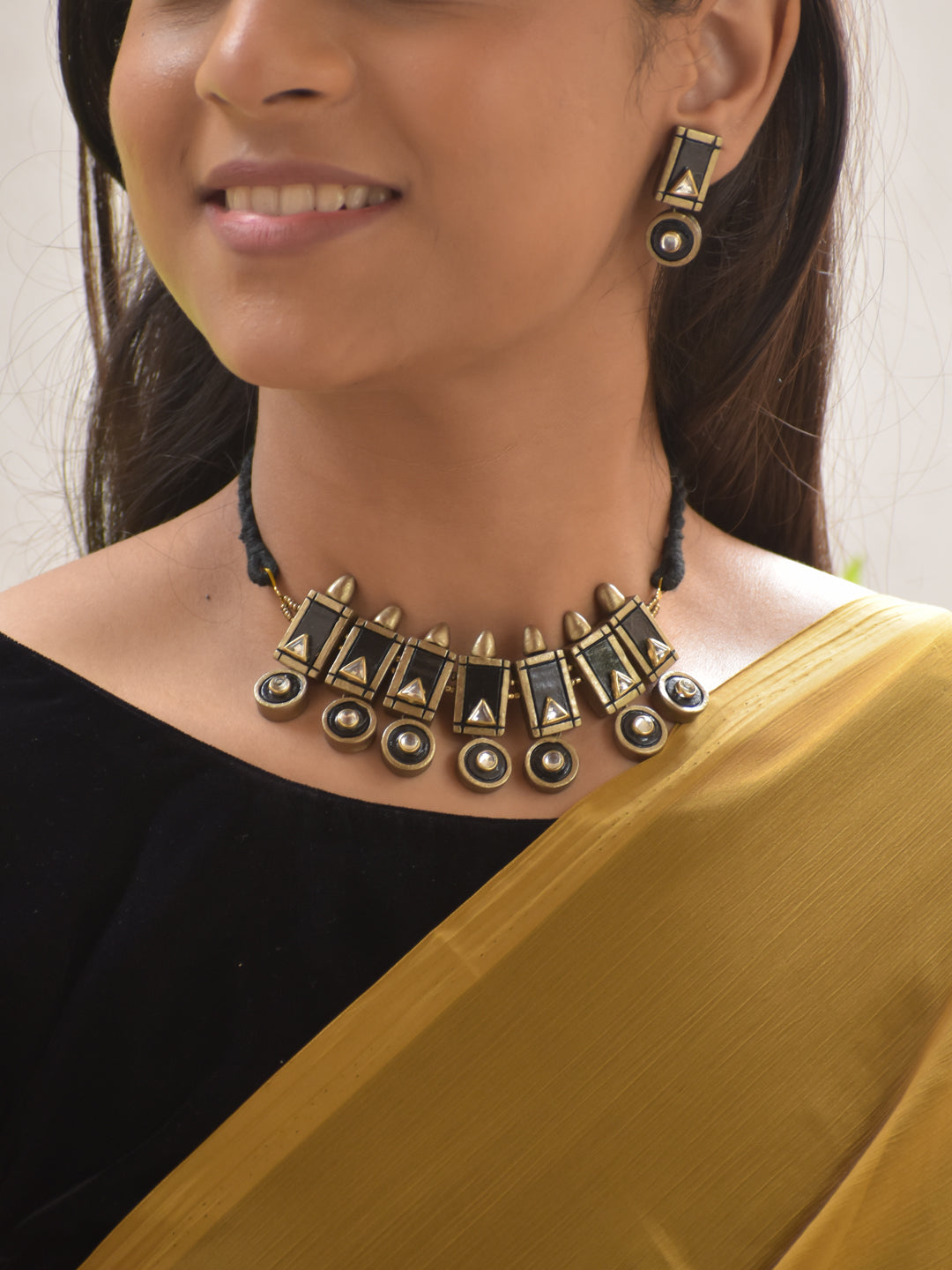 Geometric Terracotta Necklace Set – Black & Antique Gold Tribal Fusion Stud Earrings