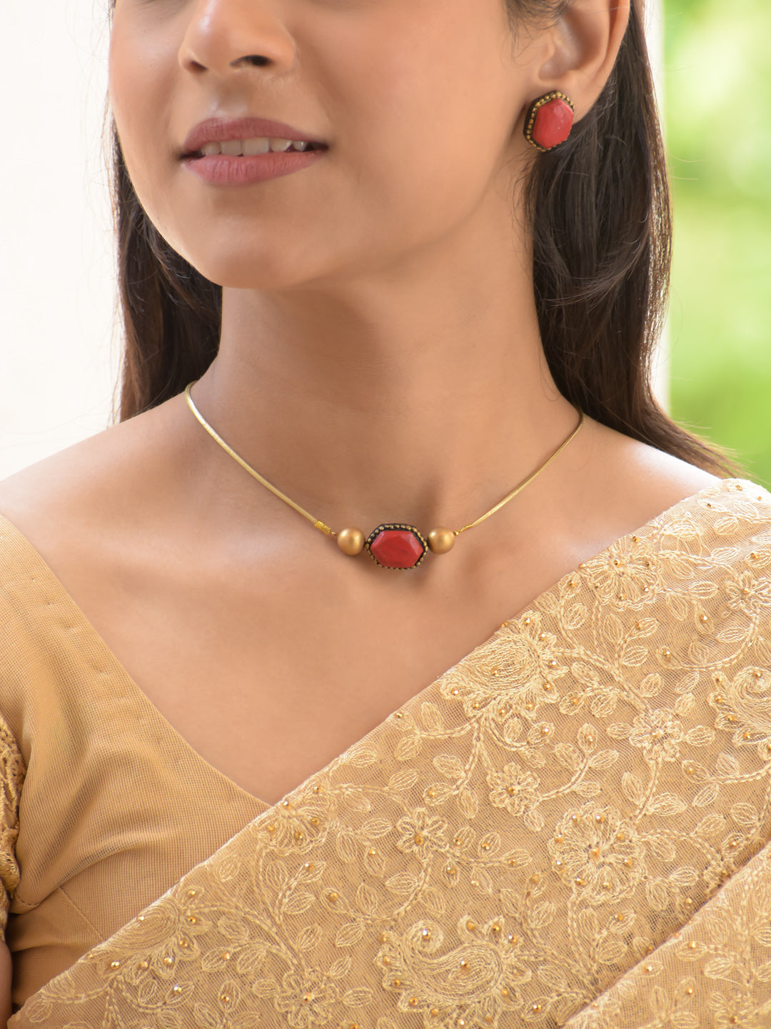 Minimal Coral Red Stone Pendant Necklace Set