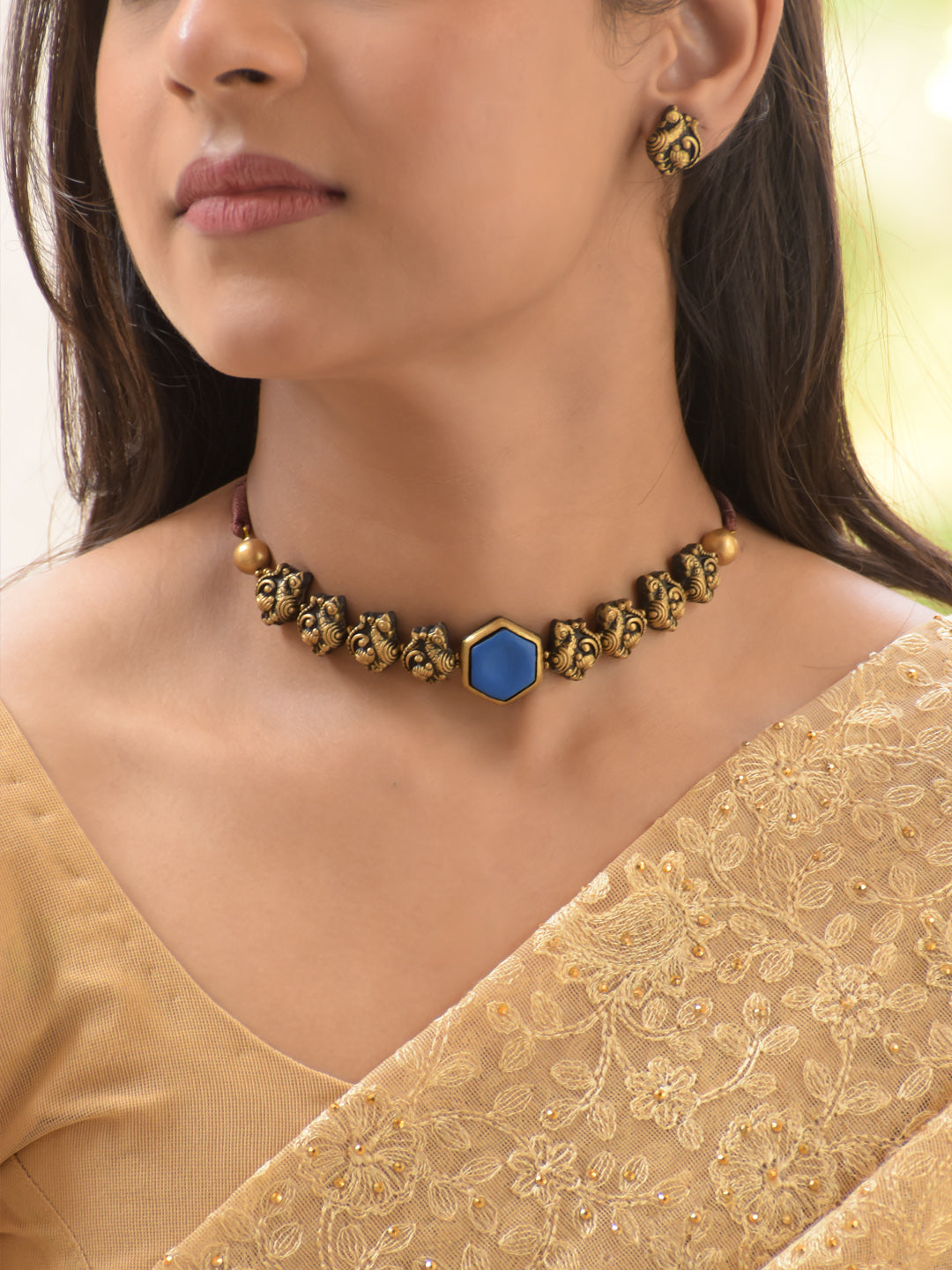Royal Blue Hexagon Antique Gold Choker Necklace Set