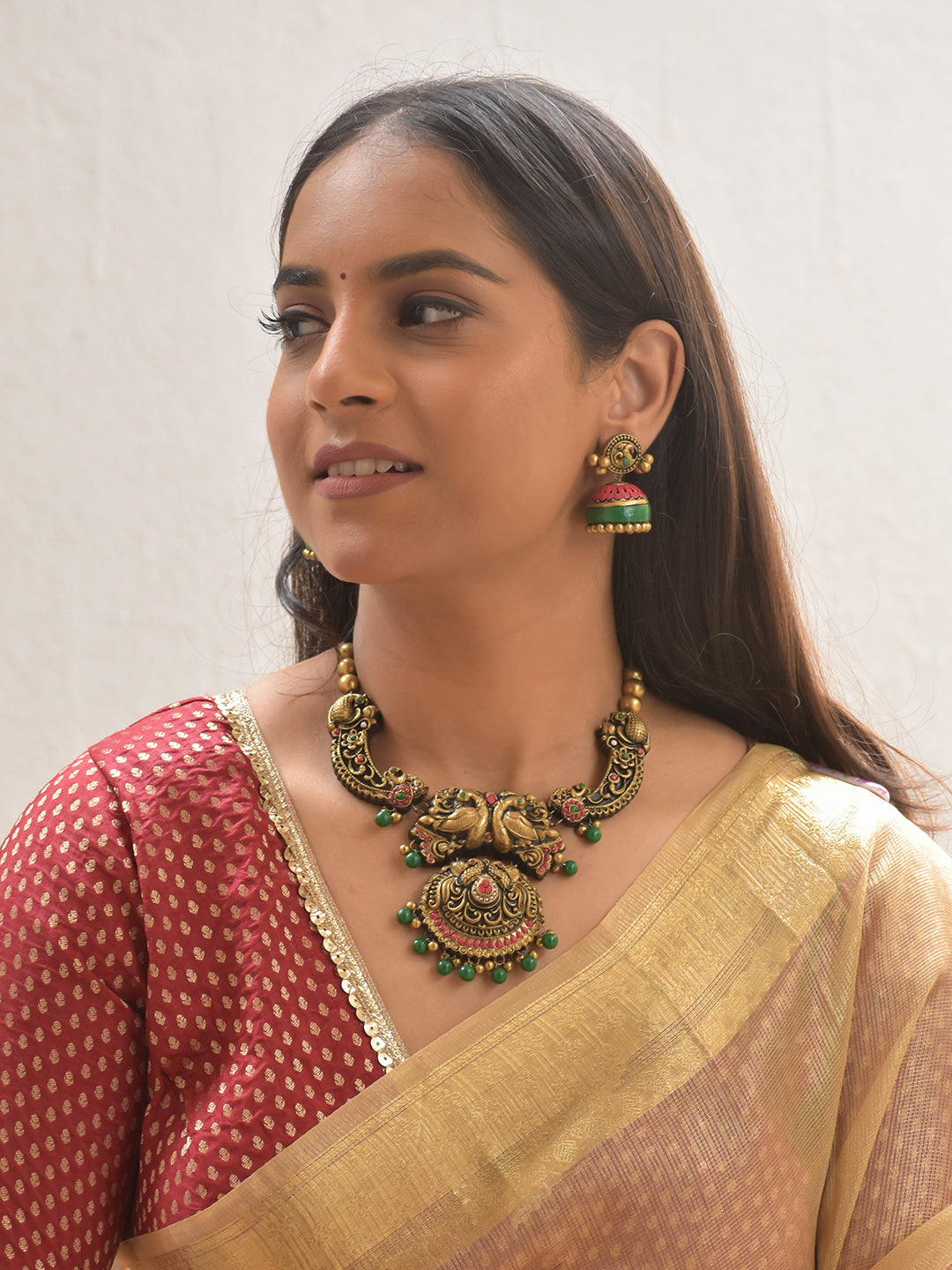 Rajamaya Mandira — Regal Peacock Temple Terracotta Necklace Set With Jhumkas