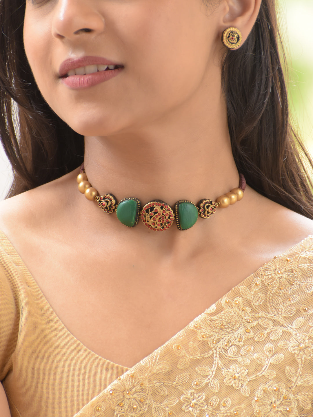 Emerald & Ruby Floral Antique Gold Choker Necklace Set