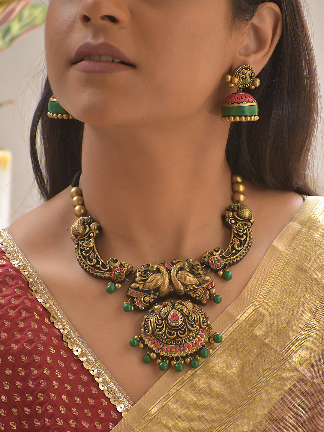 Rajamaya Mandira — Regal Peacock Temple Terracotta Necklace Set With Jhumkas