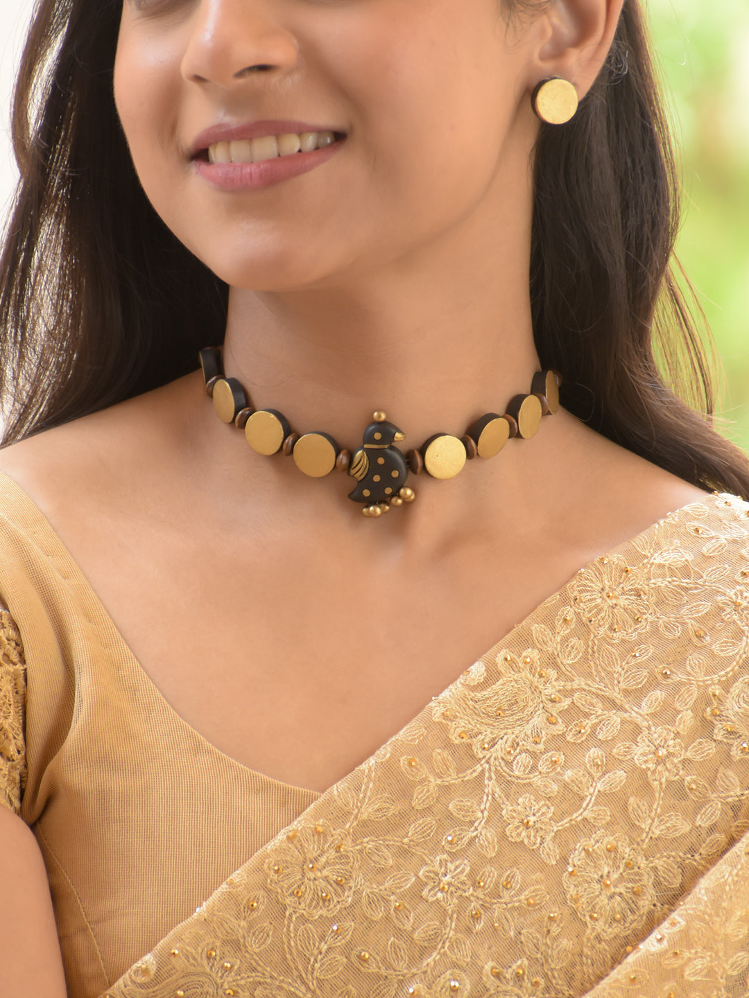 Antique Gold Bird Motif Minimal Choker Necklace Set