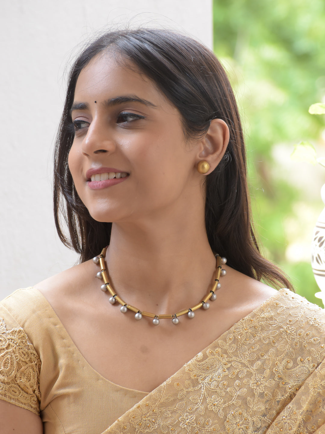 Antique Gold Pearl Drop Choker Necklace Set