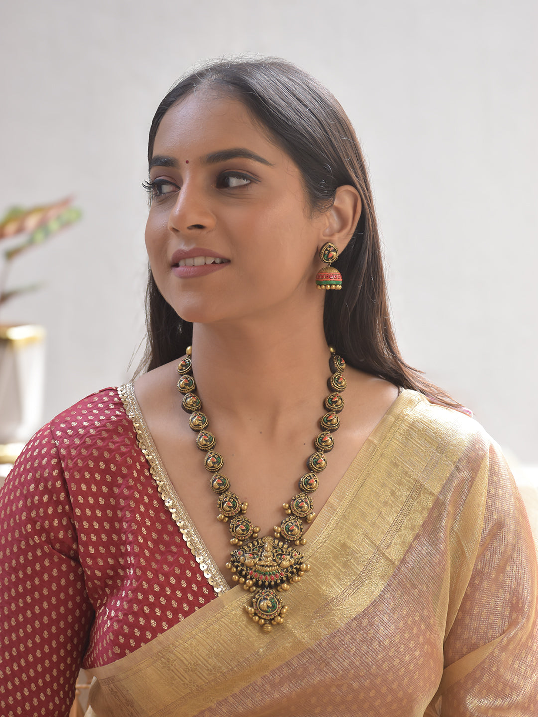 Vilasini Sri Mayura Mandir — Terracotta Lakshmi Peacock Temple Necklace Set With Jhumkas