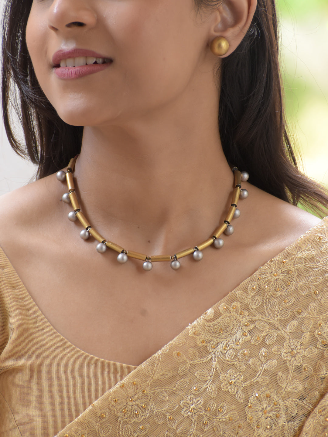 Antique Gold Pearl Drop Choker Necklace Set