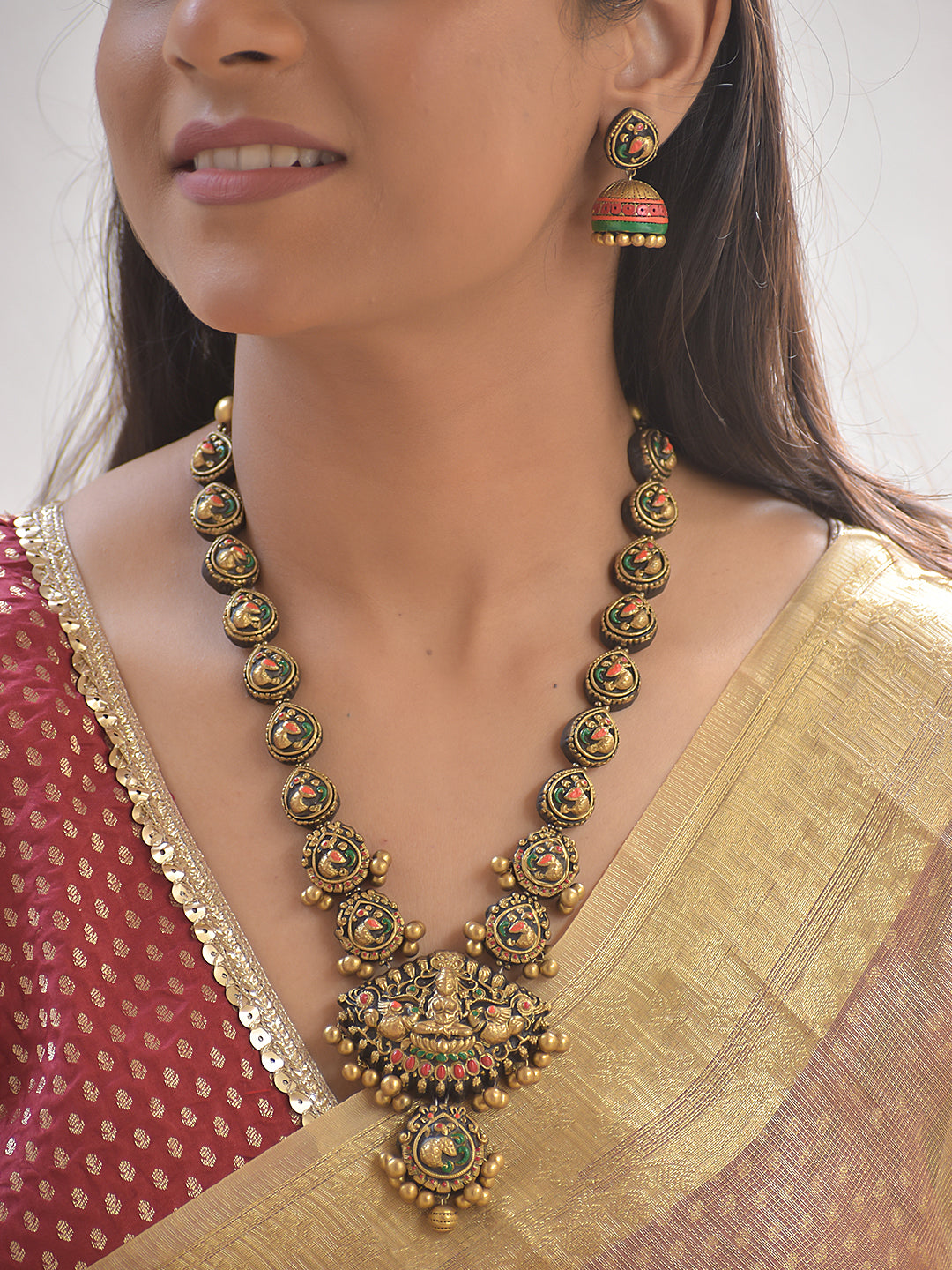 Vilasini Sri Mayura Mandir — Terracotta Lakshmi Peacock Temple Necklace Set With Jhumkas