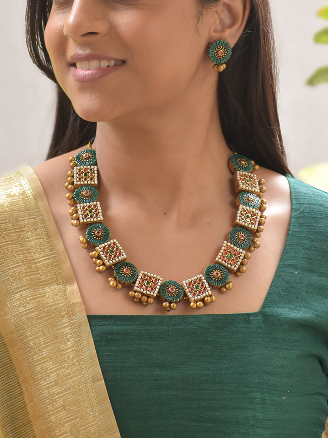 Terracotta Statement Necklace Set with Green Floral and Red Mirror Work Accents Stud Earrings