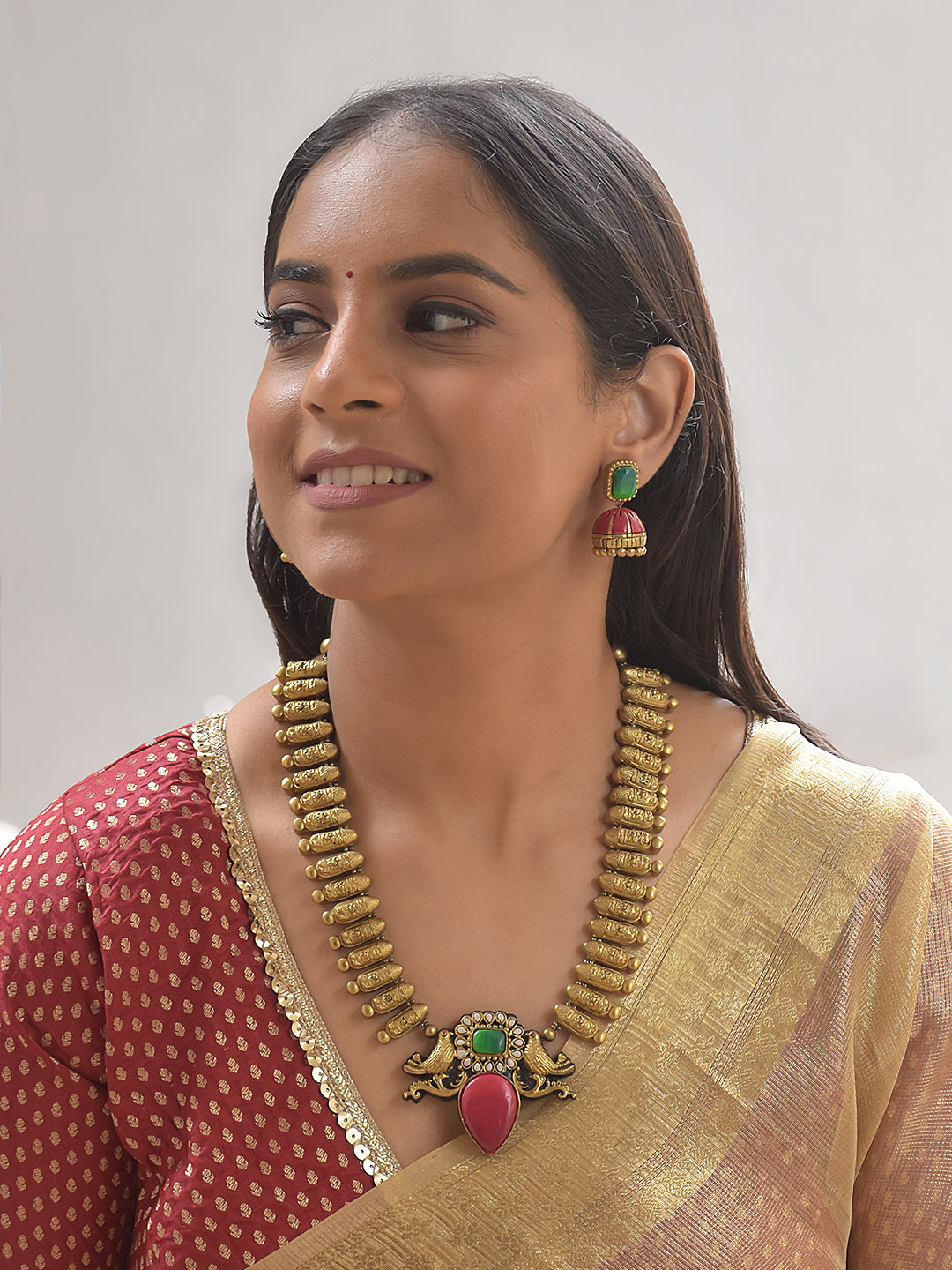Yugala Mayura Ratna — Terracotta Twin-Peacock Pendant Necklace with Pink-Green Design With Jhumkas