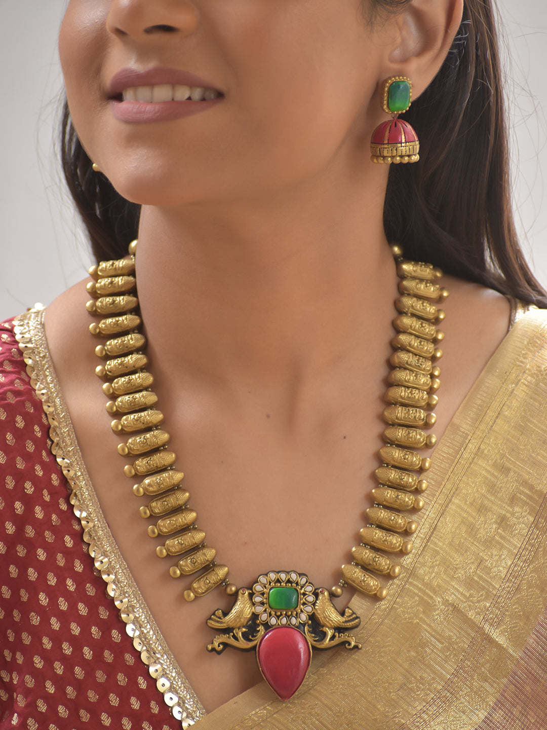Yugala Mayura Ratna — Terracotta Twin-Peacock Pendant Necklace with Pink-Green Design With Jhumkas