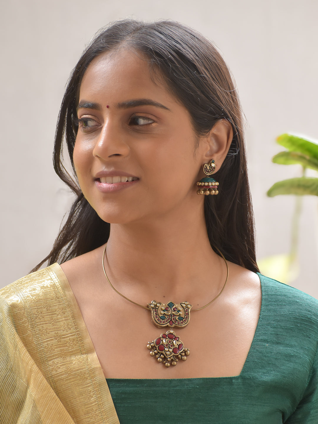 Traditional Terracotta Short Necklace Set with Temple Motif and Studded Details Earrings