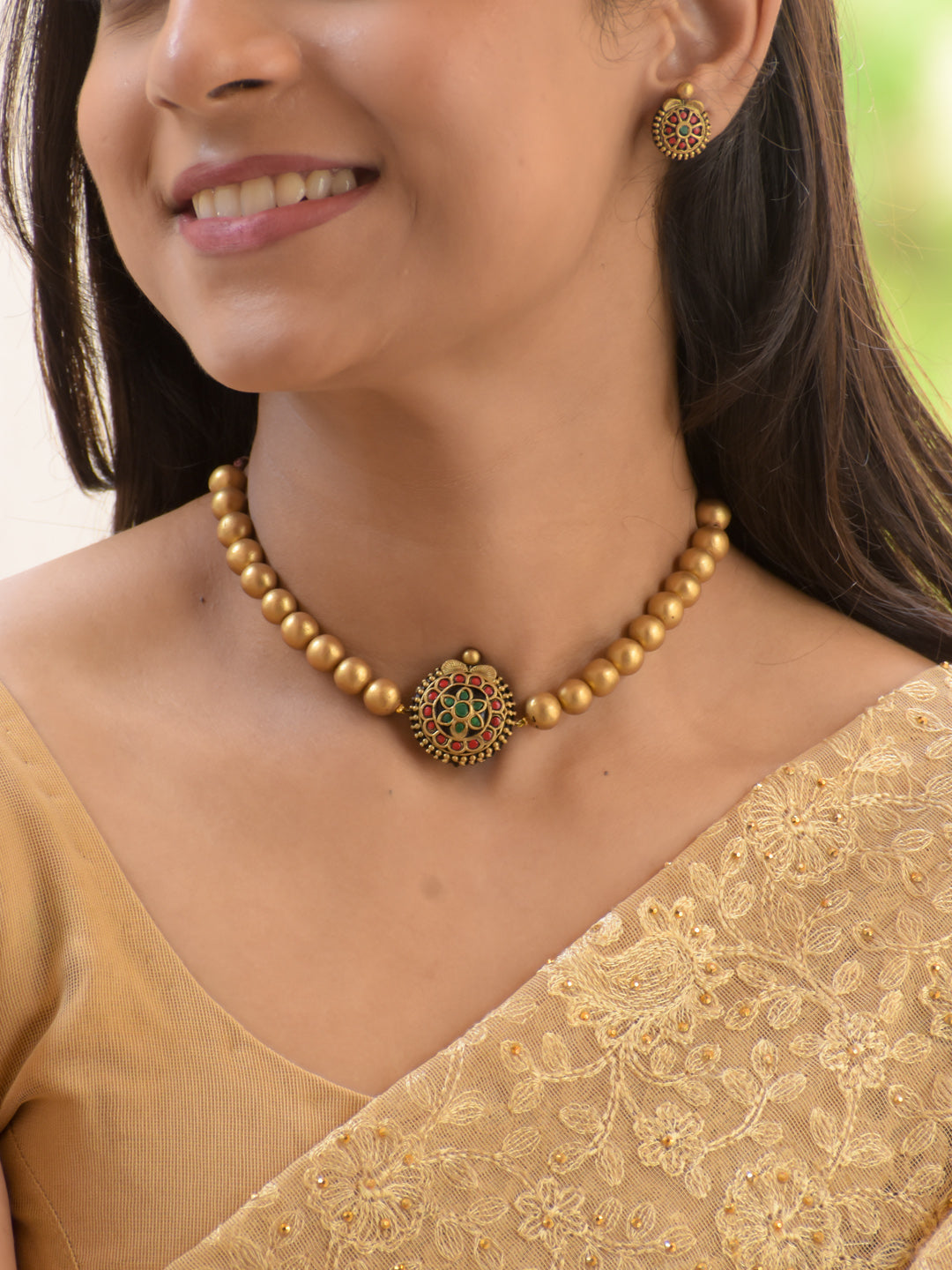 Antique Gold Beaded Floral Pendant Choker Necklace Set