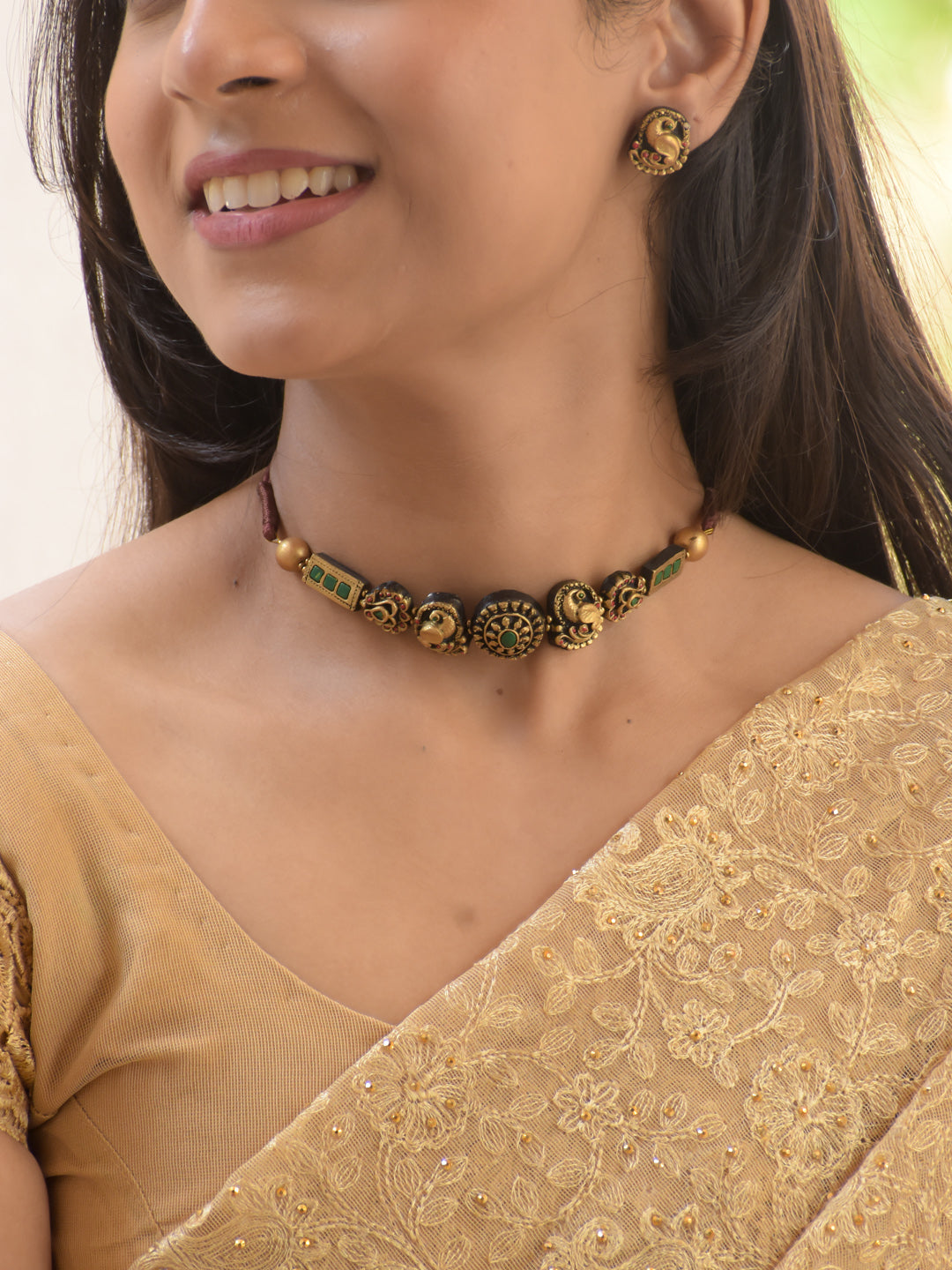 Peacock Motif Antique Gold Designer Choker Necklace Set
