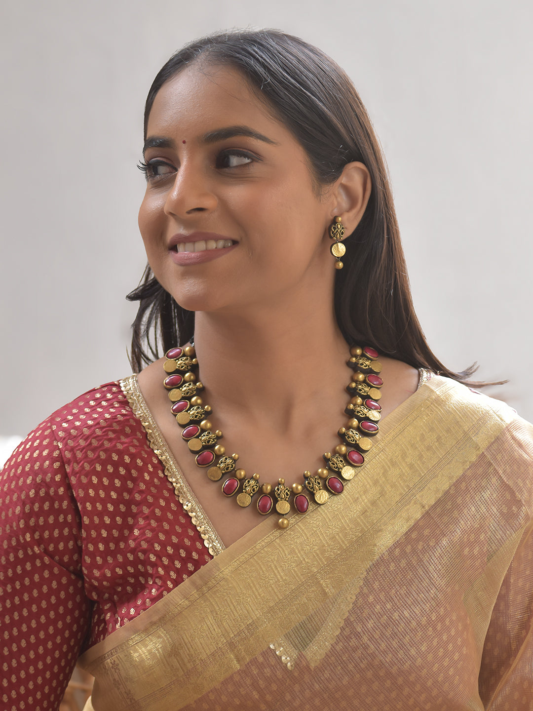 Rakta Mani Sanyoga — Terracotta Ruby–Coin Fusion Necklace Set With Earrings