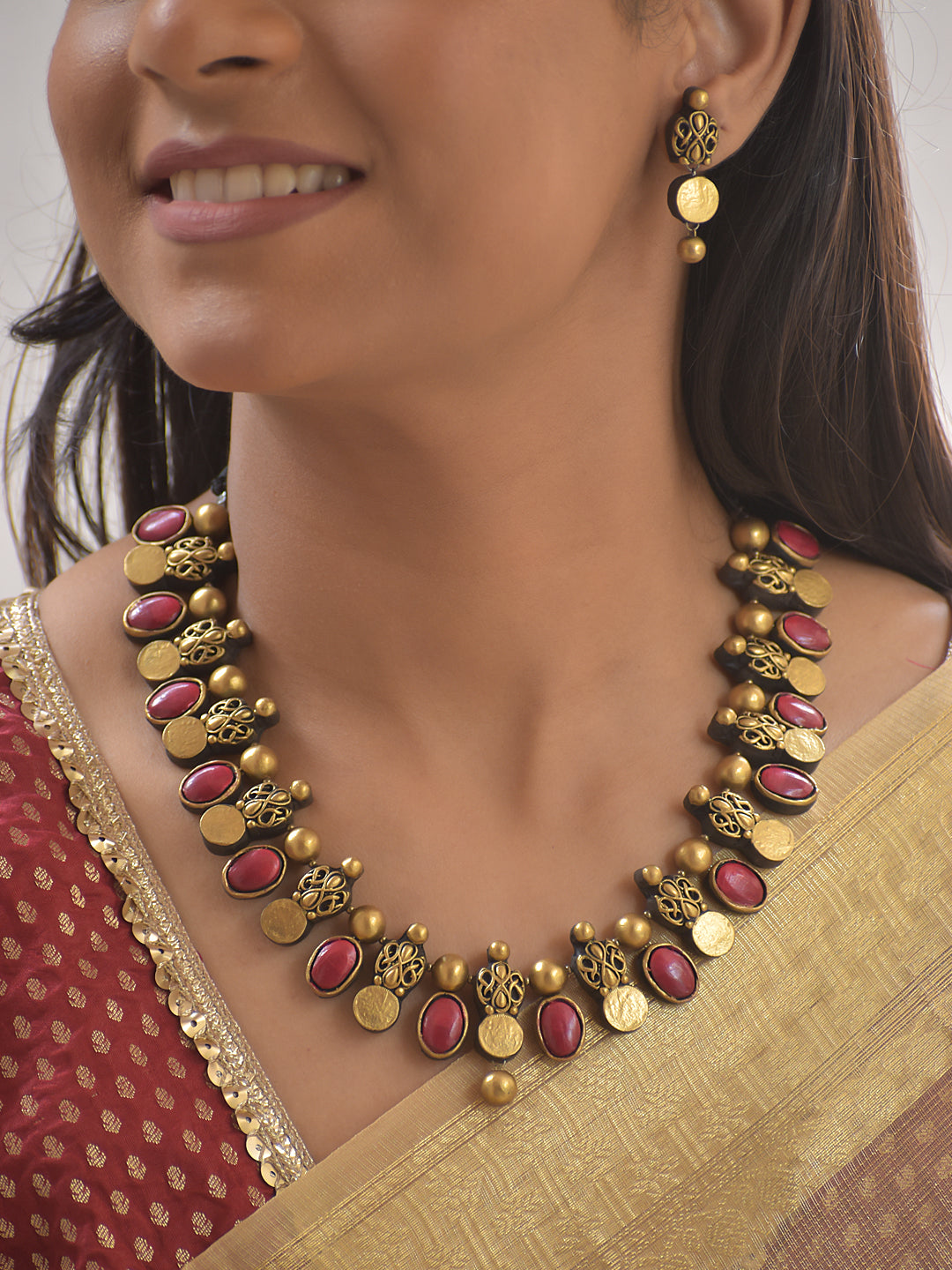 Rakta Mani Sanyoga — Terracotta Ruby–Coin Fusion Necklace Set With Earrings