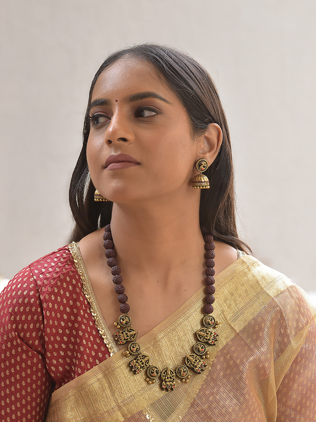 Rudra-Lakshmi Mangala — Divine Rudraksha Lakshmi Terracotta Necklace Set With Jhumkas